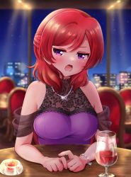 Rule 34 | 1girl, :o, blush, bracelet, breasts, candle, chair, cup, dress, drinking glass, happy birthday, highres, indoors, jewelry, large breasts, looking at viewer, love live!, medium hair, mixed-language commentary, necklace, night, nishikino maki, pov across table, pov dating, purple dress, purple eyes, red hair, ritaso, see-through, sitting, solo, table, tsundere, wine glass