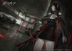Rule 34 | 1girl, arknights, bare shoulders, belt, black dress, black hair, black nails, commentary request, company name, copyright name, copyright notice, cowboy shot, demon horns, detached sleeves, dress, highres, holding, holding weapon, horns, indoors, ines (arknights), long hair, looking to the side, pouch, solo, standing, string, tmt, weapon, yellow eyes