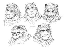 Rule 34 | 1boy, absurdres, angry, animal ears, arknights, bad id, bad twitter id, collage, cropped shoulders, expressions, fangs, frown, furry, furry male, greyscale, highres, laughing, looking at viewer, male focus, monochrome, mountain (arknights), scar, scar across eye, scar on face, sharp teeth, short hair, sigppang (2shot00002), smile, teeth, thick eyebrows, tiger boy, tiger ears, white fur, white hair