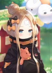 Rule 34 | 1girl, abigail williams (fate), abigail williams (traveling outfit) (fate), balloon, belt, black bow, black jacket, blonde hair, blue eyes, blush, bow, closed mouth, fate/grand order, fate (series), forehead, hair bow, hair bun, highres, hiyoko (pixiv16803940), holding, holding stuffed toy, jacket, long hair, looking at viewer, medjed (fate), official alternate costume, orange bow, single hair bun, sleeves past fingers, sleeves past wrists, solo, stuffed animal, stuffed toy, teddy bear