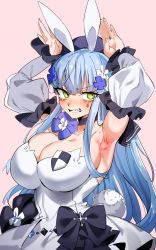 Rule 34 | 1girl, animal ears, armpits, blue hair, blush, bow, breasts, choker, cleavage, clenched teeth, commentary, detached sleeves, dress, facial mark, frilled sleeves, frills, girls&#039; frontline, green eyes, hair ornament, hat, highres, hk416 (girls&#039; frontline), hk416 (herbal-flavored hard candy) (girls&#039; frontline), large breasts, long hair, ningensei, official alternate costume, pink background, puffy sleeves, rabbit ears, rabbit pose, rabbit tail, skindentation, solo, strapless, strapless dress, sweat, tail, teeth, upper body, white dress