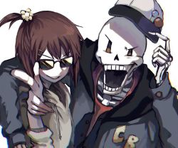 Rule 34 | 1boy, 1other, androgynous, brown hair, chara (undertale), hollow eyes, hood, hoodie, open mouth, papyrus (undertale), short hair, shousan (hno3syo), skeleton, smile, source request, undertale