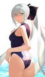 Rule 34 | 1girl, ass, black ribbon, blue eyes, blush, breasts, fate/grand order, fate (series), female focus, hair between eyes, hair ornament, hair ribbon, highres, kameponde, long hair, looking at viewer, looking back, medium breasts, morgan le fay (fate), one-piece swimsuit, ribbon, silver hair, solo, swimsuit