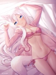 Rule 34 | 1girl, animal ear fluff, animal ears, arms up, artist name, bad id, bad pixiv id, bare shoulders, bikini, blue eyes, breasts, cat ears, cat girl, cat tail, closed mouth, commentary, eyebrows hidden by hair, groin, hair between eyes, highres, long hair, lying, medium breasts, nami (nyaa), navel, on back, open clothes, open shirt, original, pink shirt, shirt, side-tie bikini bottom, smile, solo, swimsuit, tail, very long hair, white hair