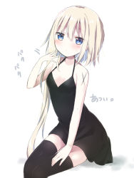 Rule 34 | 1girl, bare arms, bare shoulders, black dress, black thighhighs, blonde hair, blue eyes, blush, dress, fanning face, hair between eyes, halterneck, hand on leg, hand on own thigh, highres, long hair, looking at viewer, original, simple background, sitting, sleeveless, sleeveless dress, solo, sweat, thighhighs, tia-chan, translation request, uchuuneko, very long hair, white background