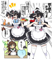Rule 34 | 2girls, absurdres, ahoge, alternate costume, animal ears, apron, black hair, blue eyes, blush, brown hair, cake, commentary request, cracker, dress, ear covers, eighth note, enmaided, food, frilled dress, frills, hair ornament, heart, heart hands, highres, holding, holding tray, horse ears, horse girl, horse tail, juice, katsuragi ace (umamusume), long hair, looking at viewer, maid, maid apron, maid headdress, medium hair, mr. c.b. (umamusume), multicolored hair, multiple girls, multiple views, musical note, notice lines, omelet, omurice, open mouth, oshiri no1, ponytail, puffy short sleeves, puffy sleeves, short sleeves, simple background, smile, speech bubble, spoken musical note, streaked hair, tail, tassel, tassel hair ornament, teeth, thighhighs, translation request, tray, umamusume, upper teeth only, very long hair, white background, white hair, white thighhighs