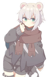 Rule 34 | 1girl, absurdres, animal ears, arknights, black capelet, black shirt, black shorts, blush, brown scarf, capelet, character request, closed mouth, cowboy shot, fringe trim, green eyes, grey hair, hair between eyes, highres, long sleeves, looking at viewer, misha (arknights), puffy long sleeves, puffy sleeves, ryoku sui, scarf, shirt, short shorts, shorts, simple background, sleeves past wrists, solo, standing, white background