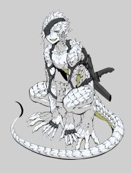Rule 34 | 1boy, :d, absurdres, all fours, claws, collarbone, colored skin, commentary request, eyepatch, fang, full body, grey background, harness, highres, knife, reptile boy, lizard tail, looking at viewer, monster boy, open mouth, original, pointy ears, reptile, scales, skin fang, smile, solo, squatting, tail, white skin, yellow eyes, yuzu shio