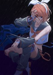 Rule 34 | 1girl, arm warmers, bandaged hand, bandages, bare shoulders, belt, black background, blonde hair, blood, bloody bandages, blue eyes, bow, broken umbrella, collar, commentary, crop top, grey collar, hair bow, hand on own head, highres, kagamine rin, leg warmers, looking away, neckerchief, rain, sailor collar, school uniform, shirt, short shorts, shorts, sitting, sleeveless, sleeveless shirt, solo, umbrella, vocaloid, white bow, white shirt, wounds404, yellow neckerchief