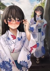 Rule 34 | 1girl, absurdres, adjusting hair, blush, brown hair, close-up, cloud, embarrassed, full body, glasses, hair between eyes, head tilt, highres, japanese clothes, kimono, looking to the side, non porn, obi, original, outdoors, purple eyes, sash, sigmart03, sky, solo, tree, walking, wall, wide sleeves, yukata
