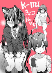 Rule 34 | 1girl, animal ears, bandage, bandaged arm, bandages, bangs, bare shoulders, blush, breasts, cat ears, censored, closed mouth, collarbone, dress, dress pull, eyebrows visible through hair, fake animal ears, flat chest, gloves, greyscale, heart, heart censor, k-on!, long hair, looking at viewer, looking to the side, monochrome, multiple views, mushi024, nakano azusa, nipples, one-piece swimsuit, panties, panty pull, pink background, pussy, school uniform, side ponytail, sidelocks, simple background, sitting, skirt, small breasts, solo, steam, sweat, sweatdrop, swimsuit, swimsuit aside, twintails, underwear