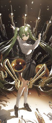 Rule 34 | 1girl, absurdres, alternate color, black bow, black skirt, bow, circle formation, collared shirt, concert, conductor, dark room, green hair, hatsune miku, highres, holding, holding wand, instrument, kieed, leg lift, light particles, light rays, long hair, long sleeves, looking at viewer, outstretched arms, shadow, shirt, skirt, smile, solo, spotlight, standing, trumpet, twintails, uniform, very long hair, vocaloid, wand, white shirt
