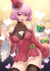 Rule 34 | 1girl, absurdres, bare shoulders, bell, black thighhighs, box, breasts, choker, dress, gift, gift box, highres, holding, looking at viewer, lordol, lucid (maplestory), maplestory, merry christmas, neck bell, open mouth, pointy ears, purple eyes, purple hair, red dress, short hair, simple background, solo, standing, thighhighs