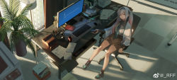 Rule 34 | 1girl, blood, blood from mouth, blue screen of death, book, brown shorts, cellphone, chair, chinese commentary, closed eyes, commentary request, cup, desk, from above, full body, girls&#039; frontline, girls&#039; frontline neural cloud, hairband, headphones, highres, holding, holding phone, indoors, keyboard (computer), long hair, lwmmg (girls&#039; frontline), monitor, mug, multicolored hair, necktie, office chair, on chair, paper, phone, pink hair, plant, rff (3 percent), shoes, shorts, sneakers, solo, sticky note, swivel chair, tissue box, twintails, typewriter, very long hair, weibo watermark, white hair, window