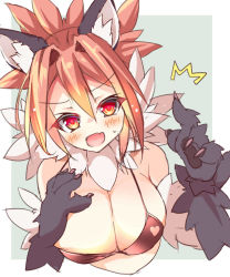 Rule 34 | 1girl, animal ear fluff, animal ears, animal hands, artist request, bikini, blush, breasts, cleavage, fur, highres, large breasts, looking at viewer, manticore (monster girl encyclopedia), monster girl, monster girl encyclopedia, open mouth, red eyes, red hair, simple background, solo, swimsuit