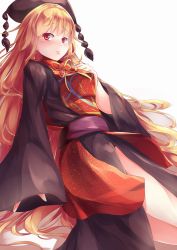 Rule 34 | 1girl, arms at sides, black dress, blonde hair, breasts, chinese clothes, cowboy shot, dress, eyebrows, hand on own chest, highres, junko (touhou), kanzakietc, lips, long hair, looking at viewer, medium breasts, obi, red eyes, sash, sleeves past wrists, solo, tabard, touhou, very long hair, wavy hair, wide sleeves