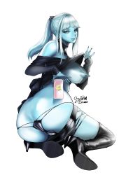 Rule 34 | absurdres, alpha (ff14), ass, bare shoulders, black footwear, black nails, blue eyes, blue skin, boots, breasts, butt crack, cellphone, closed mouth, colored skin, dated, earrings, final fantasy, final fantasy xiv, fingernails, grey hair, half-closed eyes, high heels, highres, holding, holding phone, jewelry, knee boots, lifted by self, long fingernails, long hair, nail polish, nipples, omega-f, omega (final fantasy), ooshima ryou, phone, ponytail, signature, simple background, single earring, solo, sticker, turtleneck, white background