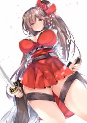Rule 34 | 1girl, azur lane, blush, breasts, brown hair, cleavage, dress, hair ornament, highres, holding, holding sword, holding weapon, japanese clothes, katana, large breasts, long hair, looking at viewer, mutou mame, parted lips, petals, pleated dress, ponytail, red dress, simple background, smile, sword, thighs, very long hair, weapon, white background, wide sleeves, zuikaku (azur lane)