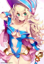 Rule 34 | 1girl, :o, arm up, artist name, bare shoulders, blonde hair, blue hat, blue leotard, blush, blush stickers, breasts, cleavage, clothing cutout, collarbone, cowboy shot, dark magician girl, duel monster, facial mark, gluteal fold, green eyes, hair between eyes, hat, hexagram, hong (white spider), large breasts, leotard, long hair, navel, navel cutout, parted lips, petals, pink skirt, showgirl skirt, simple background, skirt, solo, staff, strap slip, thigh gap, underboob, underboob cutout, very long hair, white background, wizard hat, yu-gi-oh!
