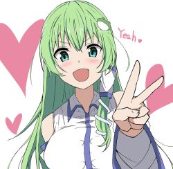 Rule 34 | 1girl, bare shoulders, blue eyes, blush, breasts, english text, frog hair ornament, green hair, hair ornament, hair tubes, heart, kochiya sanae, large breasts, long hair, looking at viewer, simple background, solo, touhou, to~fuya, upper body, v, v-shaped eyebrows, white background, wide sleeves, wing collar