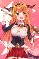Rule 34 | 1girl, :d, baseball bat, blonde hair, bow, breasts, cleavage, cleavage cutout, clothing cutout, commentary request, diagonal-striped bow, dragon girl, dragon horns, dragon tail, highres, hololive, horns, kiryu coco, kiryu coco (1st costume), large breasts, long hair, long sleeves, looking at viewer, mi taro333, multicolored hair, open mouth, orange hair, red eyes, red skirt, skirt, smile, solo, streaked hair, striped, striped bow, tail, virtual youtuber