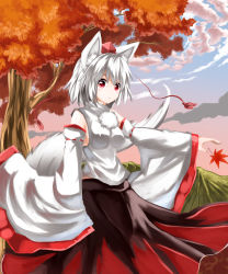 Rule 34 | 1girl, animal ears, autumn leaves, bare shoulders, blush, blush stickers, breasts, detached sleeves, hat, highres, inubashiri momiji, jio (nayutarooo), leaf, looking at viewer, mountain, nature, pom pom (clothes), red eyes, short hair, silver hair, solo, tail, tokin hat, touhou, tree, wolf ears, wolf tail