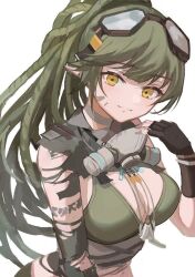 Rule 34 | 1girl, arknights, black gloves, breasts, cleavage, closed mouth, fingerless gloves, gavial (arknights), gloves, goggles, goggles on head, green hair, hand up, long hair, looking at viewer, medium breasts, pointy ears, ponytail, respirator, simple background, smile, solo, touchika, upper body, very long hair, white background, yellow eyes