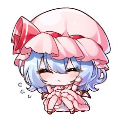 Rule 34 | 1girl, bat wings, blue hair, blush, chibi, closed eyes, closed mouth, dress, flying sweatdrops, full body, hair between eyes, hat, lowres, mob cap, pink dress, pink hat, pudding (skymint 028), puffy short sleeves, puffy sleeves, remilia scarlet, short hair, short sleeves, simple background, solo, touhou, white background, wings, wrist cuffs