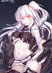 Rule 34 | 10s, 1girl, abyssal ship, breasts, destroyer water oni, gloves, glowing, glowing eyes, highres, kantai collection, long hair, md5 mismatch, medium breasts, obiwan, pale skin, red eyes, side ponytail, sleeveless, smile, solo, underboob, white hair