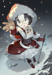 Rule 34 | 1girl, absurdres, azur lane, black hair, blue eyes, breasts, cleavage, corset, eskimo (azur lane), from above, fur trim, glasses, gloves, hand up, helic (7317helic), highres, multicolored hair, snow, snowing, solo, white hair