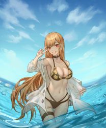 Rule 34 | 1girl, :d, absurdres, arepko, arm up, armpits, bare shoulders, bikini, bikini under clothes, black bikini, black choker, blonde hair, blue sky, blush, body writing, breasts, choker, cleavage, collarbone, day, ear piercing, eyebrows hidden by hair, floral print, highres, kitagawa marin, large breasts, lipstick, long hair, looking at viewer, makeup, navel, open clothes, open mouth, open shirt, orange eyes, outdoors, parted lips, piercing, print bikini, see-through, shirt, signature, sky, smile, solo, sono bisque doll wa koi wo suru, stomach, swimsuit, thigh gap, unbuttoned, unbuttoned shirt, very long hair, wading, water, white shirt