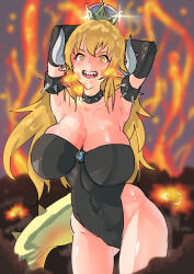 Rule 34 | 1girl, absurdres, angry, armpits, arms up, blonde hair, blurry, blurry background, blush, bowsette, breasts, brooch, cleavage, collar, covered navel, crown, feet out of frame, female focus, fire, groin, hair between eyes, highres, horns, huge breasts, jewelry, legs, leotard, long hair, looking at viewer, mario (series), mattai (38myyyy), new super mario bros. u deluxe, nintendo, open mouth, sharp teeth, simple background, solo, spiked collar, spikes, standing, tail, teeth, thighs, v-shaped eyebrows, yellow eyes
