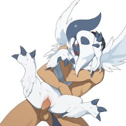 Rule 34 | 1boy, 1girl, absol, animal hands, bestiality, blush, claws, clitoris, creatures (company), erection, fang, feet, full body, game freak, gen 3 pokemon, hair over one eye, hetero, highres, horns, hug, hug from behind, looking down, mega absol, mega pokemon, nintendo, open mouth, penis, pokemon, pokemon (creature), pokephilia, pussy, red eyes, sex, simple background, single horn, solo focus, spread legs, standing, tail, testicles, uncensored, vaginal, white background, white hair, wings, youjo modoki