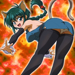 Rule 34 | 1990s (style), 1girl, animal ears, armpits, ass, bare shoulders, bent over, black thighhighs, blue eyes, braid, cat ears, cat tail, detached sleeves, fang, green hair, haruyama kazunori, hyper police, long hair, looking back, lowres, outstretched arms, panties, pantylines, pantyshot, retro artstyle, sasahara natsuki, sasahara natsuki (hyper police), single braid, solo, spread arms, tail, thighhighs, underwear, upskirt, wrist cuffs