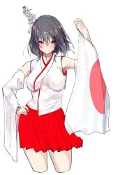 Rule 34 | 10s, 1girl, absurdres, arm up, black hair, blush, breasts, detached sleeves, flag, hair between eyes, hair ornament, hand on own hip, highres, holding, holding flag, japanese clothes, japanese flag, kantai collection, large breasts, looking at viewer, nontraditional miko, pleated skirt, purple eyes, red skirt, see-through, short hair, simple background, sketch, skirt, smile, solo, unfinished, white background, wide sleeves, yamashiro (kancolle), yuky (cassis powder)