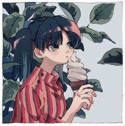 Rule 34 | 1girl, :p, black hair, blush, border, green eyes, holding, ice cream cone, ka (marukogedago), leaf, long hair, long sleeves, multicolored hair, original, parted bangs, shirt, solo, streaked hair, striped clothes, striped shirt, tongue, tongue out, twintails, white border