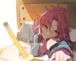 Rule 34 | 1boy, blush, closed mouth, drawer, ensemble stars!, green eyes, happy, high ponytail, indoors, isara mao, looking at viewer, parted bangs, pink hair, pov, pov hands, sapphire (nine), smile, solo