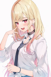 Rule 34 | 1girl, :d, absurdres, auui, black necktie, blonde hair, blush, breasts, collared shirt, commentary request, ear piercing, earrings, grey background, highres, jewelry, kitagawa marin, long hair, long sleeves, looking at viewer, medium breasts, nail polish, necktie, open mouth, piercing, pink nails, red eyes, ring, shirt, simple background, smile, solo, sono bisque doll wa koi wo suru, upper body, very long hair, white shirt