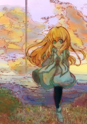 Rule 34 | 00s, 1girl, blonde hair, blue eyes, colette brunel, flower, grass, long hair, painting (medium), pantyhose, sky, solo, tales of (series), tales of symphonia, tower, traditional media, watercolor (medium)