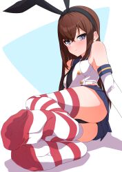 Rule 34 | 1girl, ass, black hairband, black neckerchief, black panties, blue eyes, blue sailor collar, blue skirt, blush, breasts, brown hair, buttons, cameltoe, closed mouth, commission, cosplay, crossed bangs, double-breasted, elbow gloves, feet, foot focus, foreshortening, full body, gloves, godai 01, hairband, highleg, highleg panties, highres, kantai collection, legs, legs together, long hair, looking at viewer, lying, makise kurisu, medium breasts, miniskirt, neckerchief, no shoes, on side, panties, pixiv commission, pleated skirt, red thighhighs, sailor collar, shadow, shimakaze (kancolle), shimakaze (kancolle) (cosplay), skirt, sleeveless, soles, solo, spread toes, steins;gate, striped clothes, striped thighhighs, thighhighs, thighs, toenails, toes, underwear, white gloves, white thighhighs