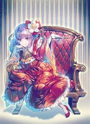 Rule 34 | 1girl, adapted costume, alternate costume, armchair, blue eyes, chair, flower, forbidden scrollery, nib pen (object), full body, fur trim, gloves, hair flower, hair ornament, hair ribbon, hieda no akyuu, high heels, japanese clothes, kimono, long sleeves, looking at viewer, obi, pen, purple hair, red footwear, ribbon, sash, shoes, short hair, sitting, skirt, smile, solo, striped, striped background, touhou, white gloves, white legwear, wide sleeves, zounose