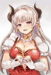 Rule 34 | 10s, 1girl, alicia (granblue fantasy), blonde hair, blush, breasts, center opening, cleavage, draph, dress, earrings, gloves, granblue fantasy, himuro shunsuke, horns, jewelry, large breasts, long hair, looking at viewer, open mouth, paizuri invitation, pointy ears, puffy short sleeves, puffy sleeves, red eyes, short sleeves, silver hair, smile, solo, white gloves