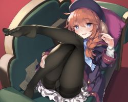 Rule 34 | 1girl, 92m, beret, black coat, black hat, black pantyhose, blue bow, blue eyes, blush, bow, braid, breasts, coat, couch, crossed legs, cushion, feet, hair over shoulder, hat, highres, hood, hood down, hooded coat, legs, long hair, long sleeves, looking at viewer, lying, no shoes, on back, open clothes, open coat, open mouth, orange hair, pantyhose, princess connect!, red background, simple background, smile, solo, thighband pantyhose, toes, twin braids, yuni (princess connect!)