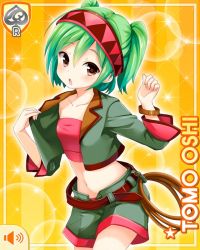 Rule 34 | 1girl, :o, brown eyes, card (medium), character name, girlfriend (kari), green hair, halftone, halftone background, headband, looking at viewer, midriff, navel, official art, open mouth, orange background, oshi tomo, qp:flapper, red headband, shorts, solo, sparkle, standing, star (symbol), starry background, strapless, tagme, teal jacket, teal shorts, tube top, whip