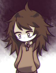 Rule 34 | 1girl, bags under eyes, brown hair, care (petscop), chromatic aberration, looking down, messy hair, muted color, no mouth, pale skin, petscop, solo, wide-eyed, yatsunote