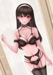 Rule 34 | 1girl, absurdres, akatsuki+9, arm at side, armband, black bra, black choker, black garter belt, black hair, black panties, black thighhighs, blush, bow, bra, breasts, choker, cleavage, closed mouth, collarbone, dot nose, earrings, fingernails, garter belt, gold earrings, hairband, hand up, highres, jewelry, lingerie, long hair, looking at viewer, medium breasts, nail polish, navel, panties, red bow, red eyes, red lips, red nails, smile, solo, spy x family, stomach, straight hair, thigh gap, thighhighs, underwear, underwear only, white hairband, yor briar