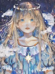 Rule 34 | 1girl, absurdres, blonde hair, blue dress, blue eyes, collarbone, dress, expressionless, frilled dress, frills, halo, highres, jewelry, long hair, looking up, necklace, orie h, original, parted lips, pendant, smoke trail, solo, star (symbol), star necklace, starry background