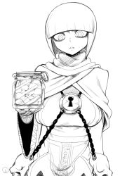 Rule 34 | 1girl, bags under eyes, bob cut, breasts, cape, castration, chain, guro, highres, holding, huge breasts, impossible clothes, impossible shirt, jar, lock, looking at viewer, monochrome, necro-chan (spacezin), open mouth, original, shirt, short hair, simple background, solo, spacezin, standing, testicles, white background