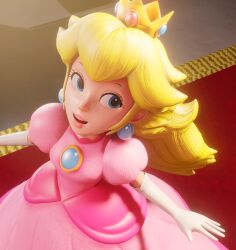 Rule 34 | 1girl, 3d, absurdres, blonde hair, blue eyes, breasts, crown, dress, earrings, female focus, gloves, highres, inkbennie, jewelry, lipstick, long hair, makeup, mario (series), nintendo, open mouth, piercing, pink lips, princess peach, small breasts, solo, super mario bros. 1
