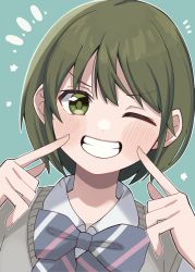 Rule 34 | 1girl, bad id, bad twitter id, blush, bow, bowtie, commentary, dot nose, fingers to cheeks, gakuto 96, green background, green eyes, green hair, grey vest, grin, hands up, highres, idolmaster, idolmaster shiny colors, index fingers raised, looking at viewer, nanakusa nichika, one eye closed, purple bow, purple bowtie, shirt, short hair, smile, solo, striped bow, striped bowtie, striped clothes, teeth, v-shaped eyebrows, vest, white shirt, wing collar